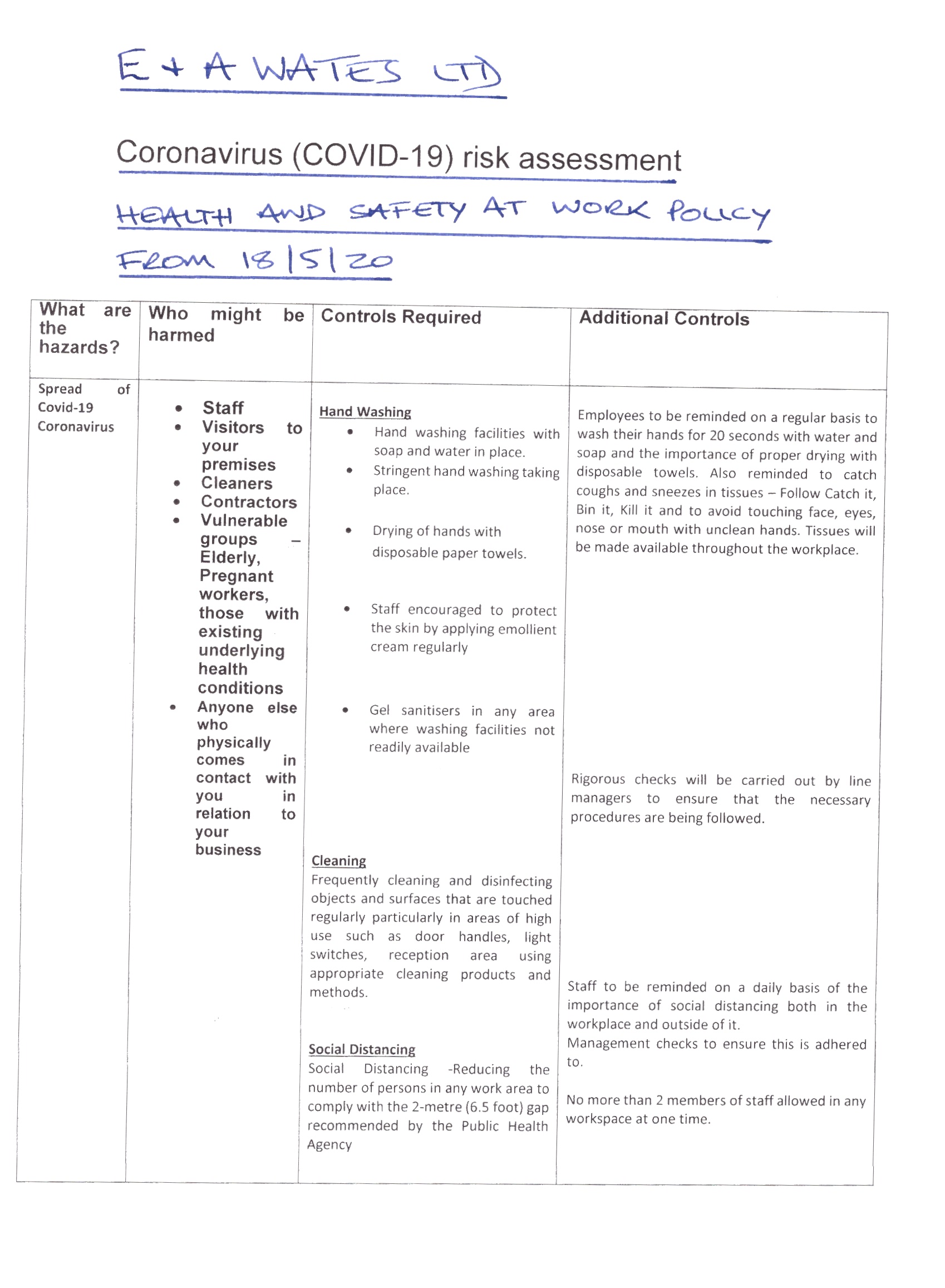 E & A WATES COVID-19 risk assesment page 1.